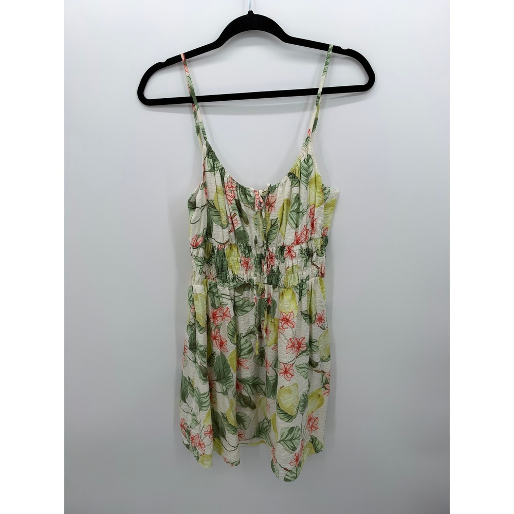LOFT Petites Lemon Floral Tropical Smocked Sun Dress White Yellow Size LP